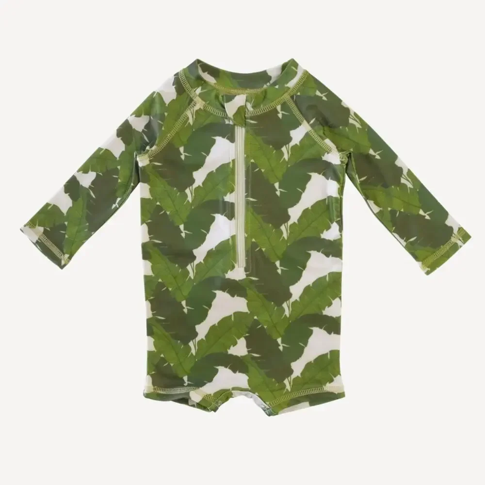 Kate Quinn Green Banana Leaves Long Sleeve Zip Front Rash Guard Size 3-6 Months